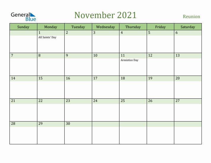 November 2021 Calendar with Reunion Holidays