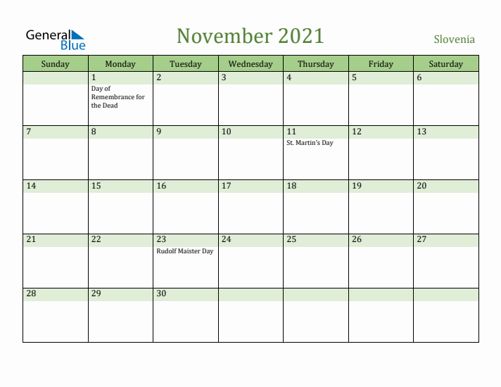 November 2021 Calendar with Slovenia Holidays