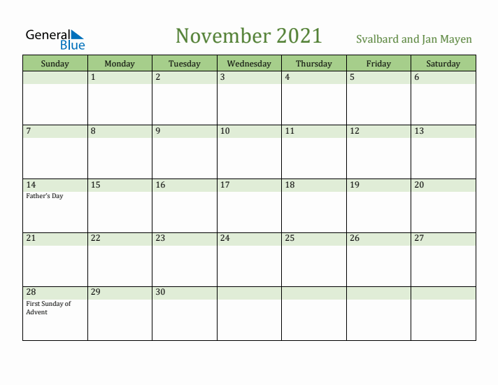 November 2021 Calendar with Svalbard and Jan Mayen Holidays