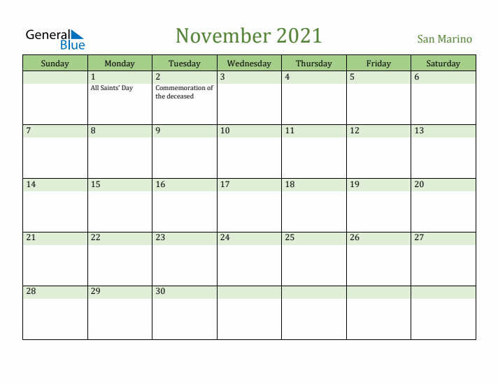 November 2021 Calendar with San Marino Holidays