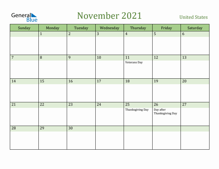 November 2021 Calendar with United States Holidays