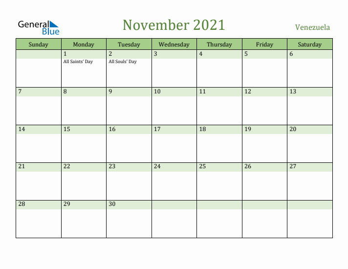 November 2021 Calendar with Venezuela Holidays
