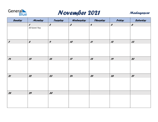 November 2021 Calendar - Madagascar