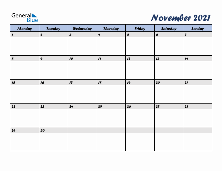 November 2021 Blue Calendar (Monday Start)