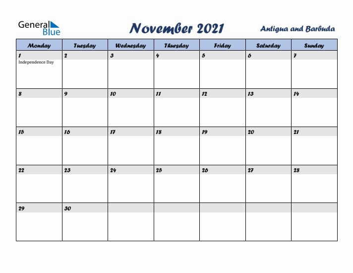 November 2021 Calendar with Holidays in Antigua and Barbuda