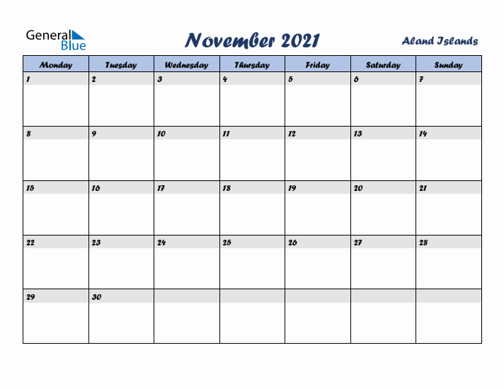 November 2021 Calendar with Holidays in Aland Islands