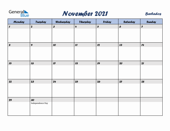 November 2021 Calendar with Holidays in Barbados