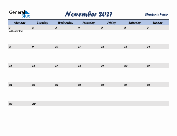 November 2021 Calendar with Holidays in Burkina Faso
