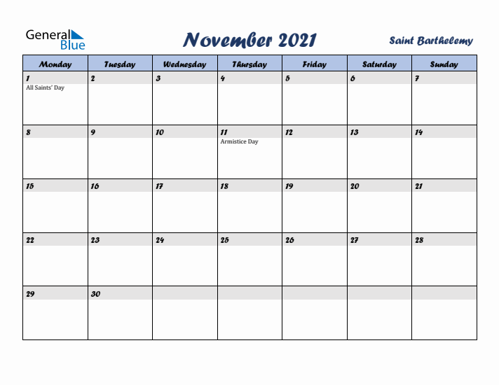 November 2021 Calendar with Holidays in Saint Barthelemy