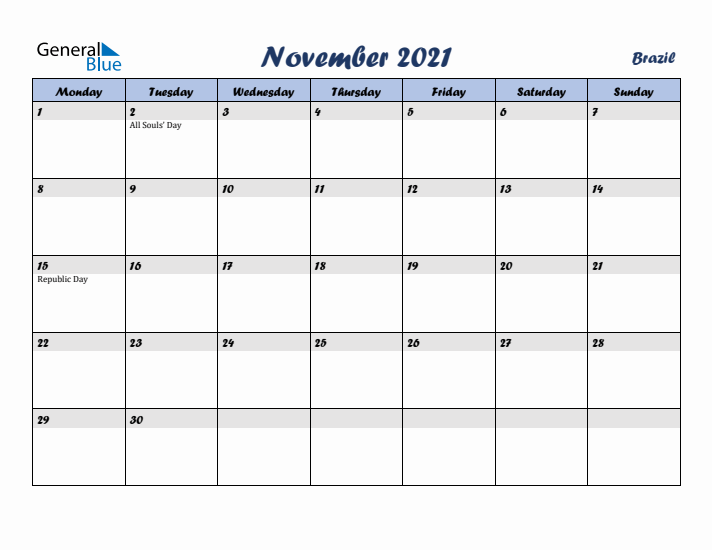 November 2021 Calendar with Holidays in Brazil