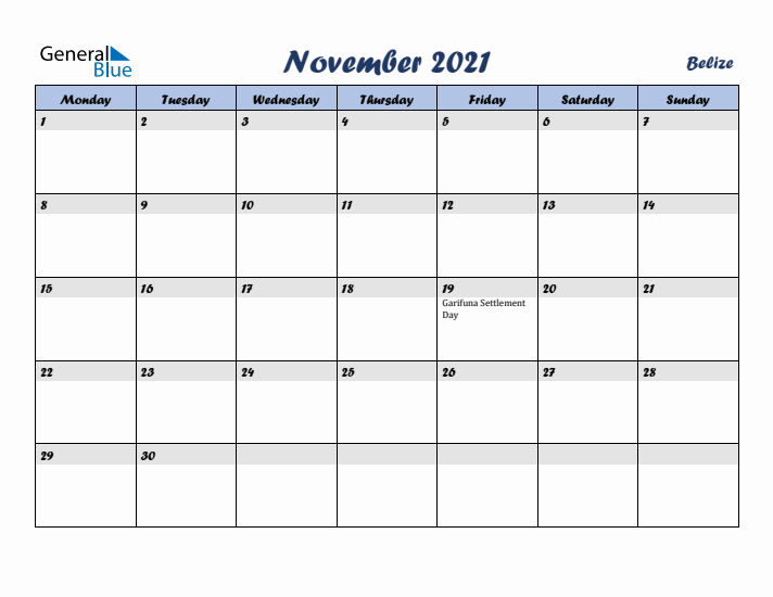 November 2021 Calendar with Holidays in Belize