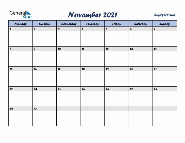 November 2021 Calendar with Holidays in Switzerland