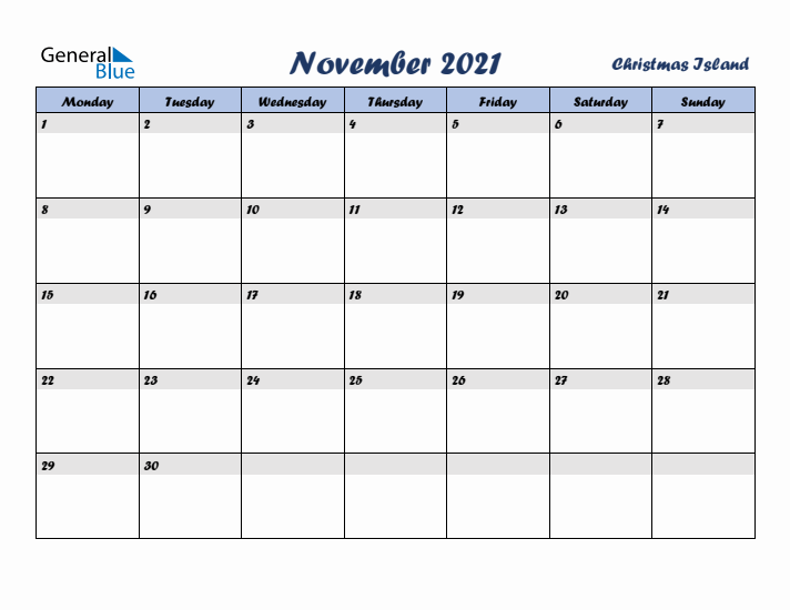 November 2021 Calendar with Holidays in Christmas Island