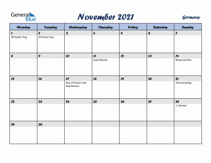 November 2021 Calendar with Holidays in Germany