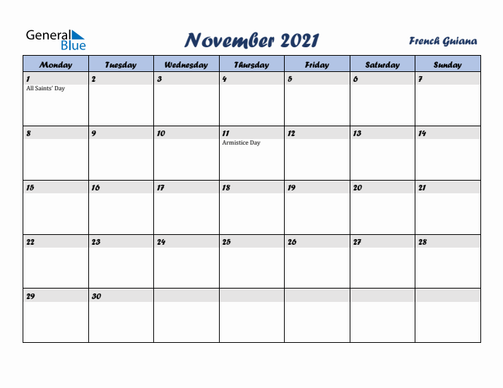November 2021 Calendar with Holidays in French Guiana