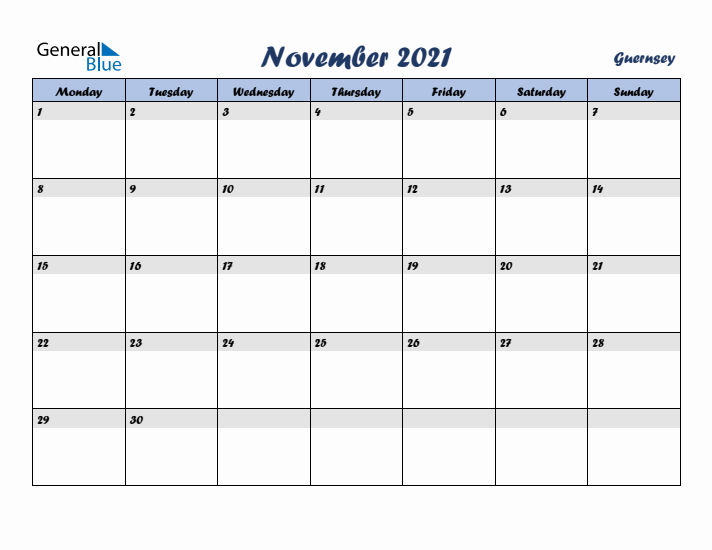 November 2021 Calendar with Holidays in Guernsey