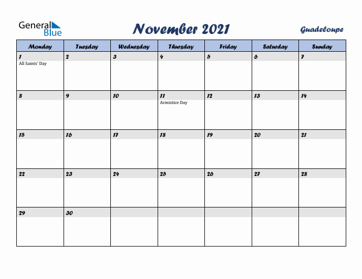 November 2021 Calendar with Holidays in Guadeloupe