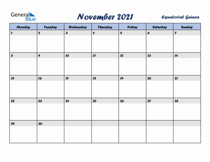 November 2021 Calendar with Holidays in Equatorial Guinea