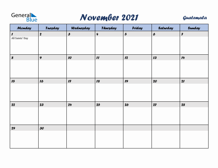 November 2021 Calendar with Holidays in Guatemala