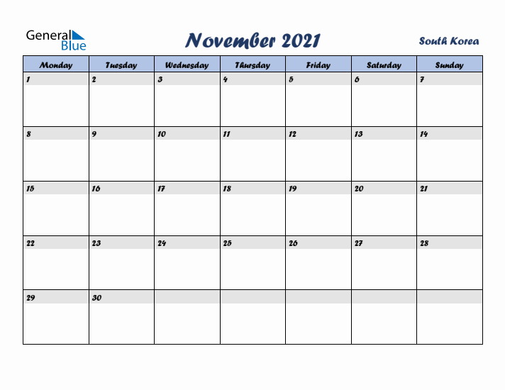 November 2021 Calendar with Holidays in South Korea