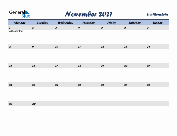 November 2021 Calendar with Holidays in Liechtenstein