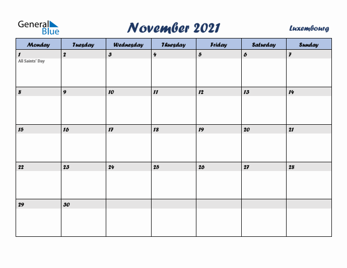 November 2021 Calendar with Holidays in Luxembourg