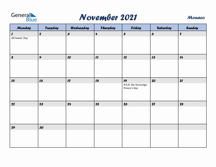 November 2021 Calendar with Holidays in Monaco