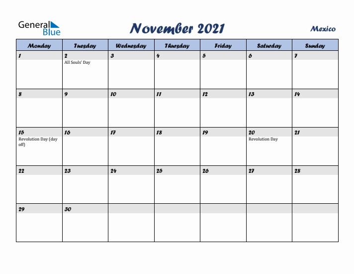 November 2021 Calendar with Holidays in Mexico