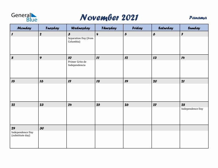November 2021 Calendar with Holidays in Panama