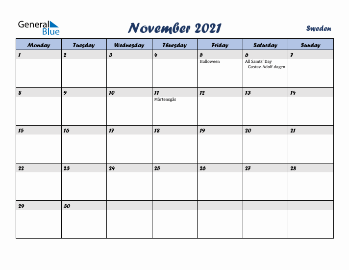 November 2021 Calendar with Holidays in Sweden