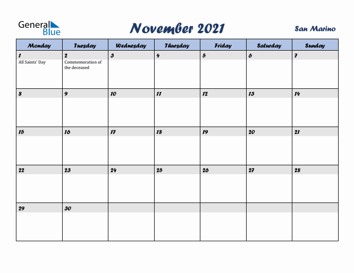 November 2021 Calendar with Holidays in San Marino