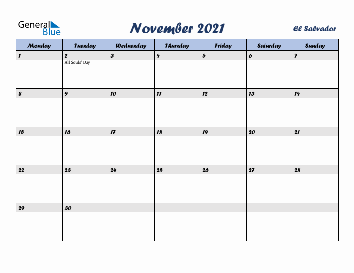November 2021 Calendar with Holidays in El Salvador