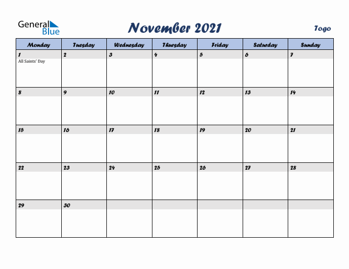 November 2021 Calendar with Holidays in Togo