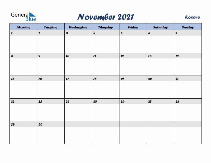 November 2021 Calendar with Holidays in Kosovo