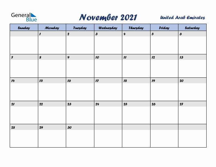 November 2021 Calendar with Holidays in United Arab Emirates