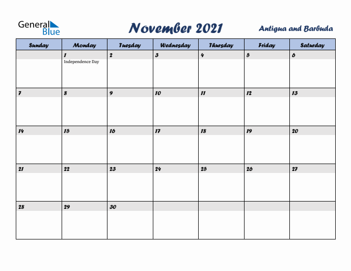 November 2021 Calendar with Holidays in Antigua and Barbuda