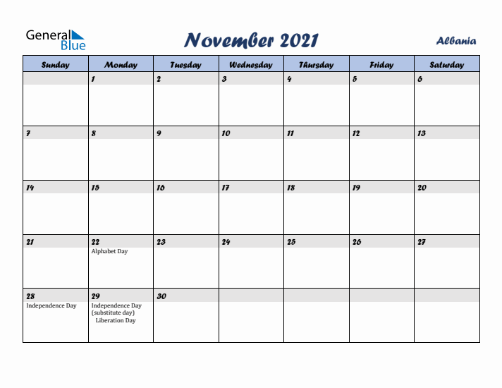 November 2021 Calendar with Holidays in Albania