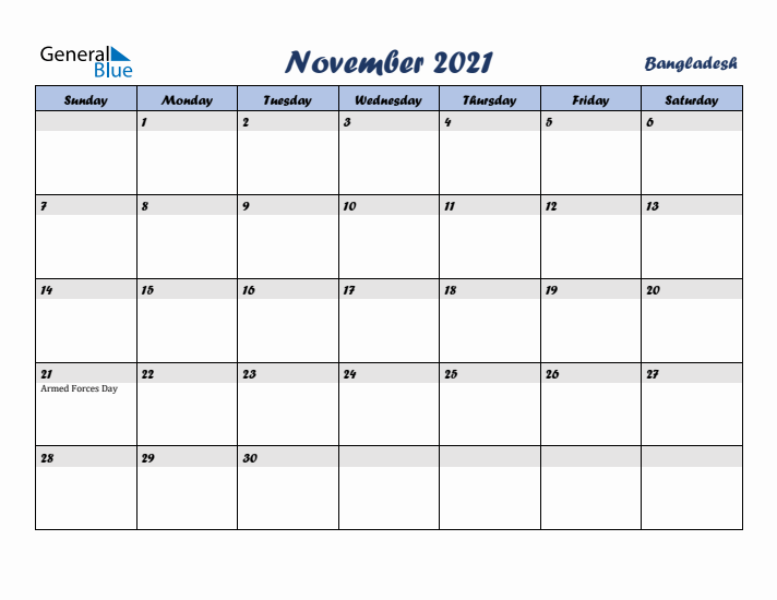 November 2021 Calendar with Holidays in Bangladesh