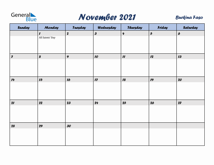November 2021 Calendar with Holidays in Burkina Faso