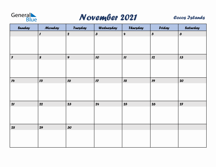 November 2021 Calendar with Holidays in Cocos Islands