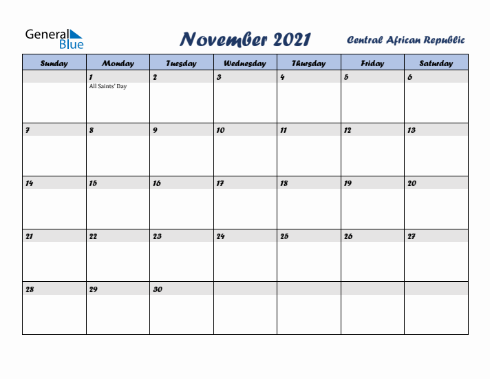 November 2021 Calendar with Holidays in Central African Republic