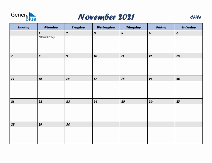 November 2021 Calendar with Holidays in Chile