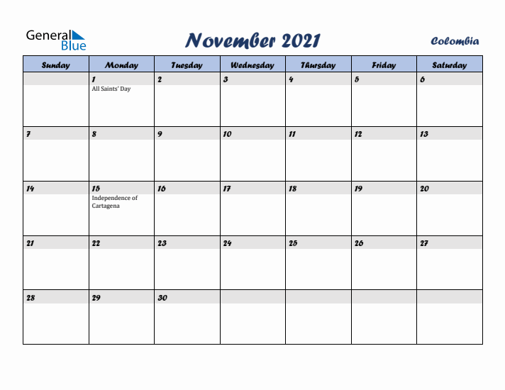 November 2021 Calendar with Holidays in Colombia