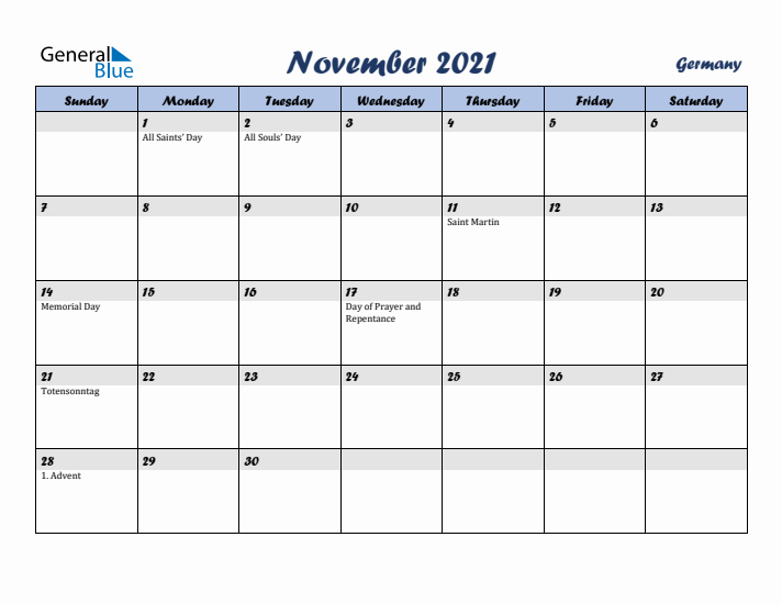 November 2021 Calendar with Holidays in Germany