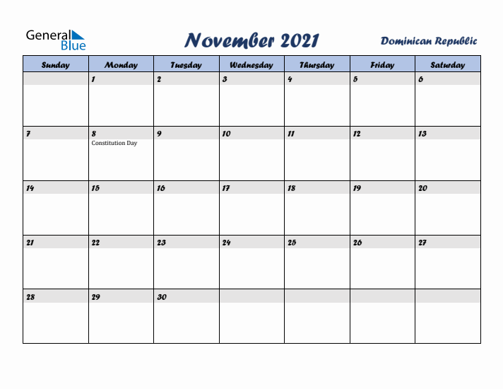 November 2021 Calendar with Holidays in Dominican Republic