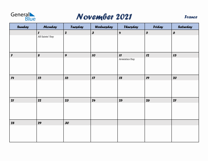 November 2021 Calendar with Holidays in France