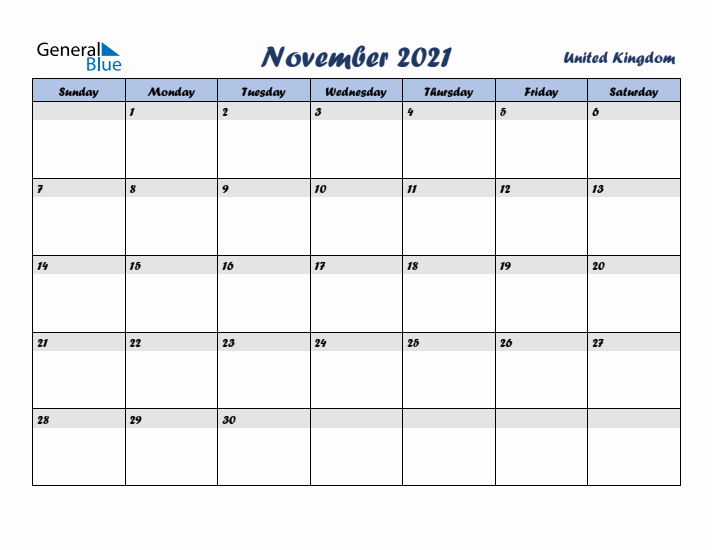 November 2021 Calendar with Holidays in United Kingdom