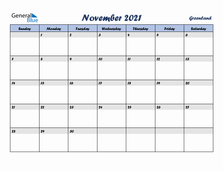 November 2021 Calendar with Holidays in Greenland