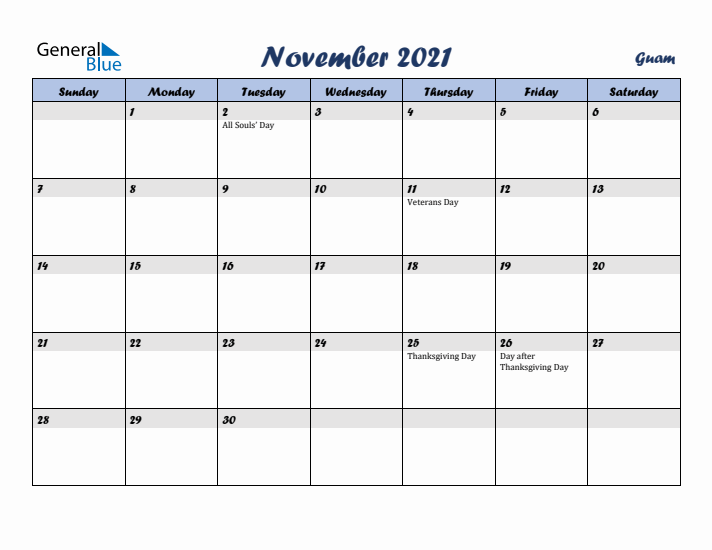 November 2021 Calendar with Holidays in Guam