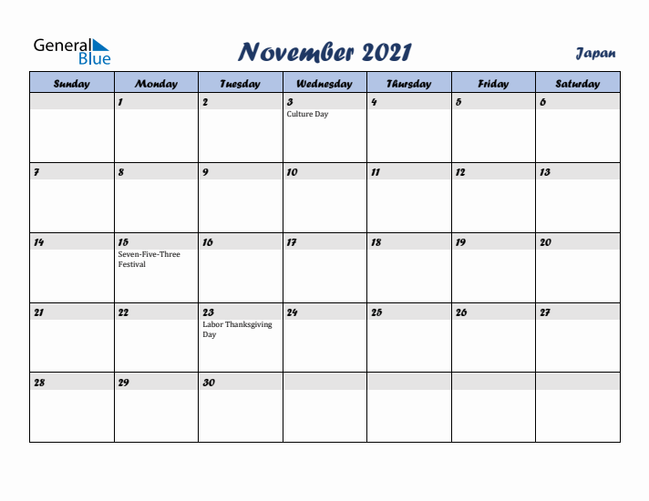 November 2021 Calendar with Holidays in Japan